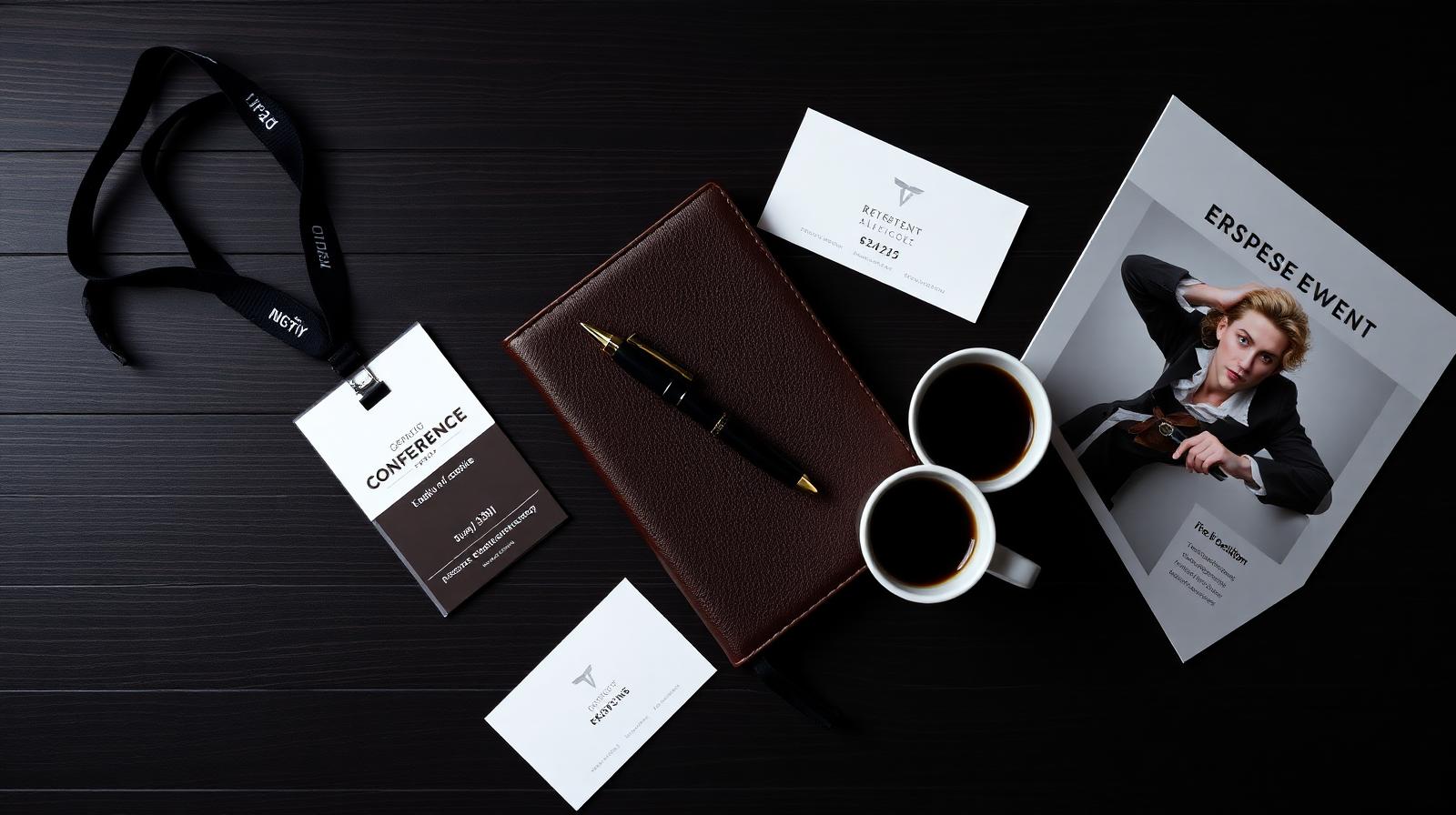 Editorial flat-lay of a corporate conference lanyard, leather notebook, business cards and espresso on dark wood